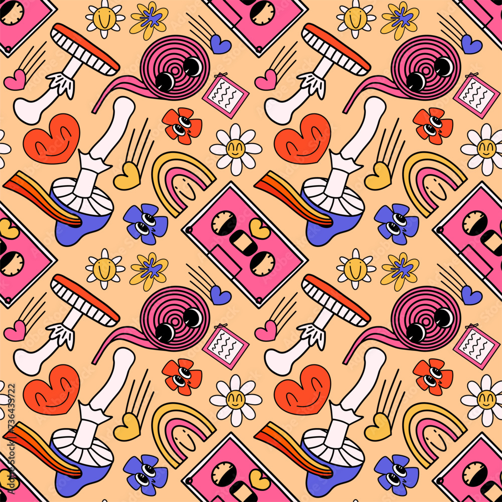 Fototapeta premium Cartoon funny retro seamless patter. Vector illustration