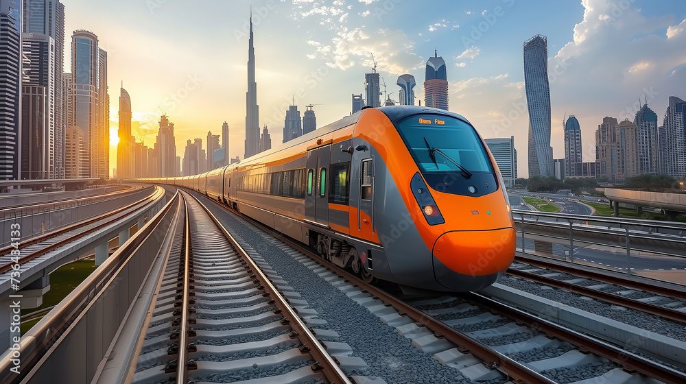 High-speed train races through futuristic city High-speed train races through futuristic city