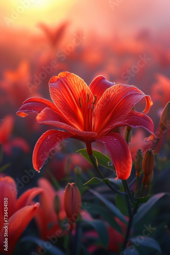 Red lily flower blossom in the mist and fog, vertical background