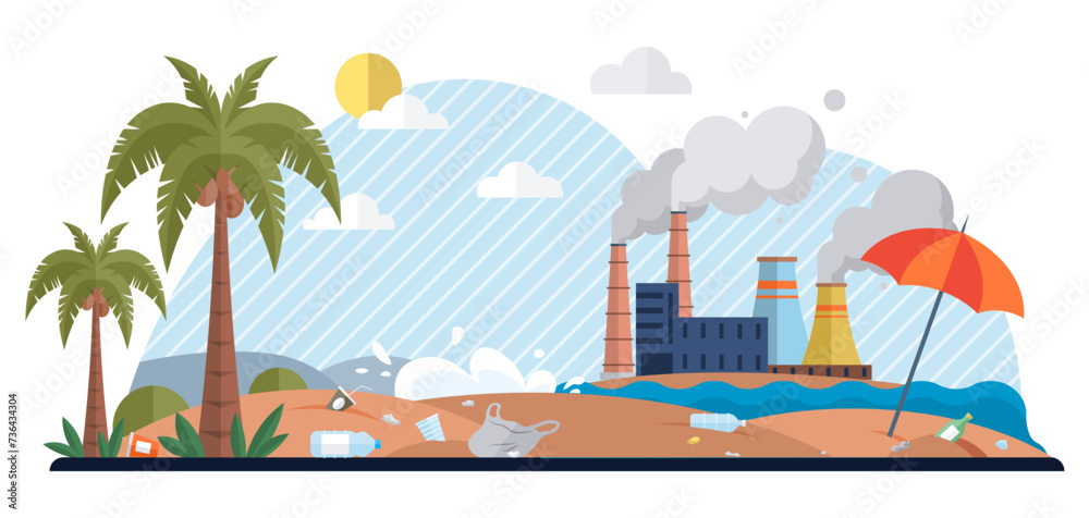 Waste pollution vector illustration. Climate action plans must include waste management strategies to address challenges waste pollution Plastic pollution in our oceans and waterways has reached