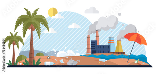 Waste pollution vector illustration. Climate action plans must include waste management strategies to address challenges waste pollution Plastic pollution in our oceans and waterways has reached