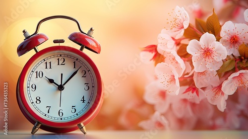 Springtime concept with an alarm clock against a blossoming tree, symbolizing renewal