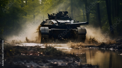 Armored military army tank vehicle moving in motion on mud road in battle
