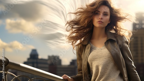 A stylish young woman  standing on a bridge overlooking a city skyline