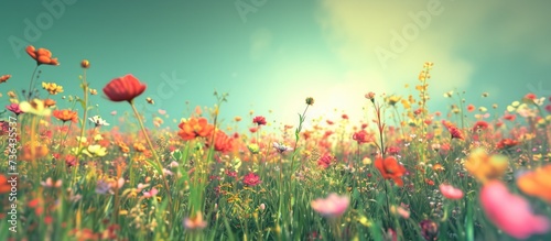 The colorful flowers bloom beautifully, under a green sky, with the sun shining. © 2rogan