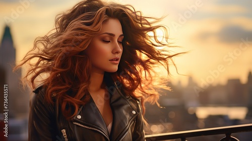 A stylish young woman, standing on a bridge overlooking a city skyline