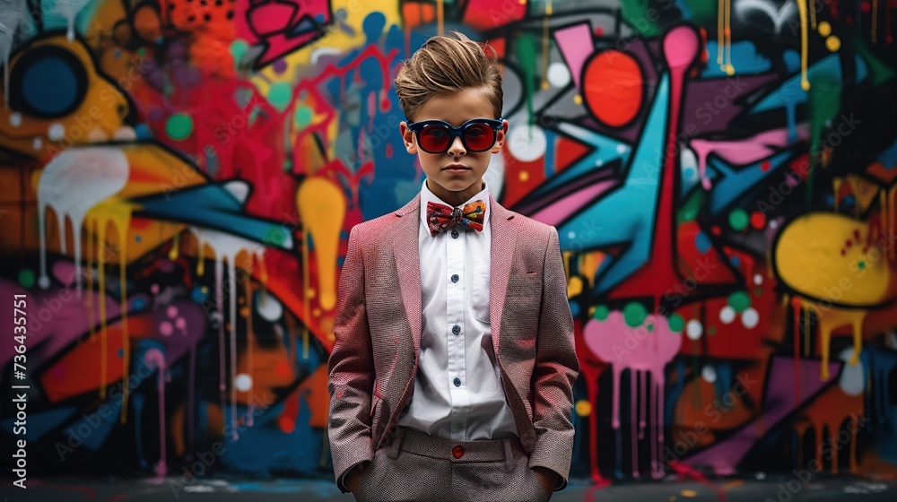 A stylishly dressed young boy standing in front of a colorful graffiti-adorned wall A stylishly dressed young boy standing in front of a colorful graffiti-adorned wall
