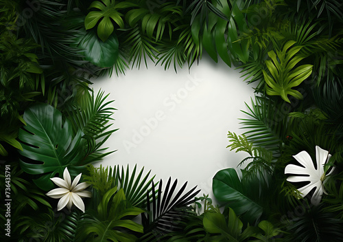 Tropical background, green leaves, monstera. With white sheet for text. Nature Concept. Background for greeting card design, banner, flyer, poster, brochure, voucher. Holiday concept.