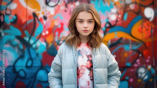 A stylishly dressed young girl standing in front of a colorful graffiti-adorned wall