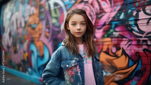 A stylishly dressed young girl standing in front of a colorful graffiti-adorned wall