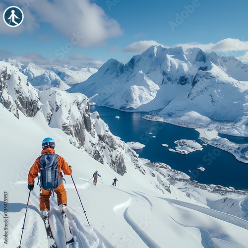Majestic Winter Skiing Adventure with Skiers Overlooking Fjord