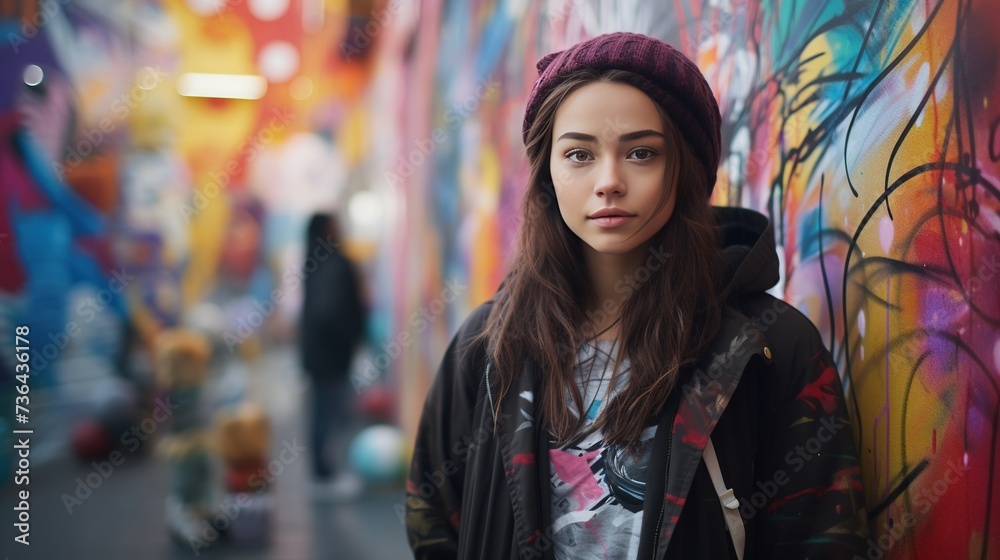 A stylishly dressed young woman standing in front of a colorful graffiti-adorned wall