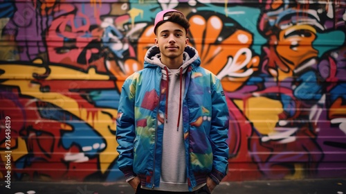 A stylishly dressed young man standing in front of a colorful graffiti-adorned wall