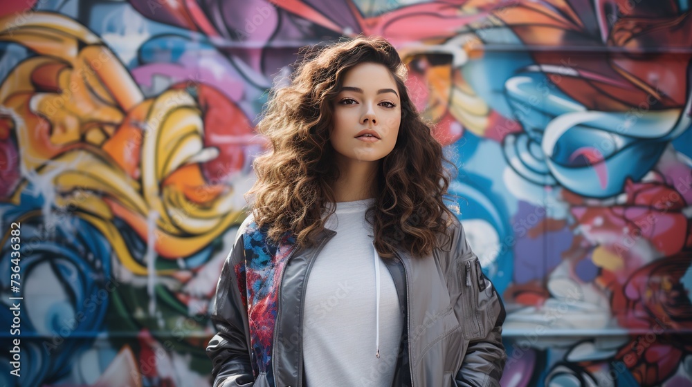 Fototapeta premium A stylishly dressed young woman standing in front of a colorful graffiti-adorned wall