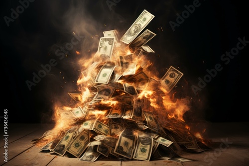 Flaming Pile dollars burning. Flame debt. Generate Ai photo