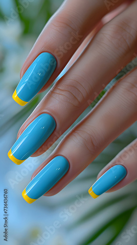 French nails. Nail polish. manicure. Soft colors. Beauty ad, nail salon. manicurist, nail place. Blue and yellow