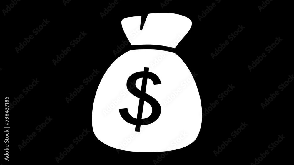 Money bag shape sign icon animated white color in black background Money bag shape sign icon animated white color in black background