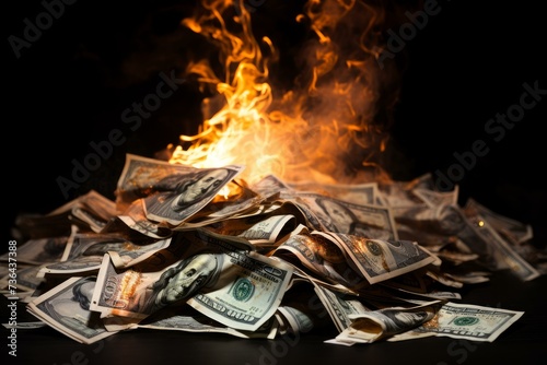 Wasteful Pile dollars burning. Flame debt. Generate Ai