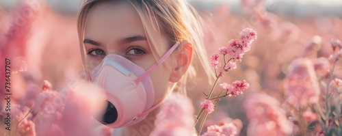 Girl wearing antigas mask in pink flower field symbolizing asthma and allergies. Concept Asthma Awareness, Allergies, Girl with Antigas Mask, Pink Flower Field, Symbolism photo