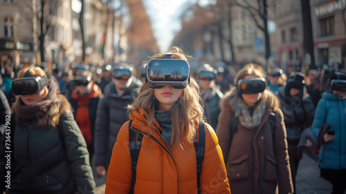 People in VR glasses roam the cityscape under the sun
