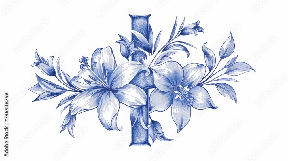Blue Flowers and Leaves Adorning Easter Catholic Religious Christian Cross Generative AI