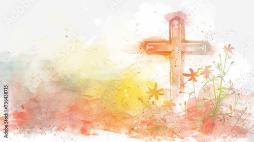 Easter Watercolor Christian Cross with Vignette and Banner Generative AI © Alex
