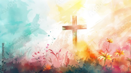 Easter Worship: Joyful Christian Praising with Cross in Watercolor Generative AI photo