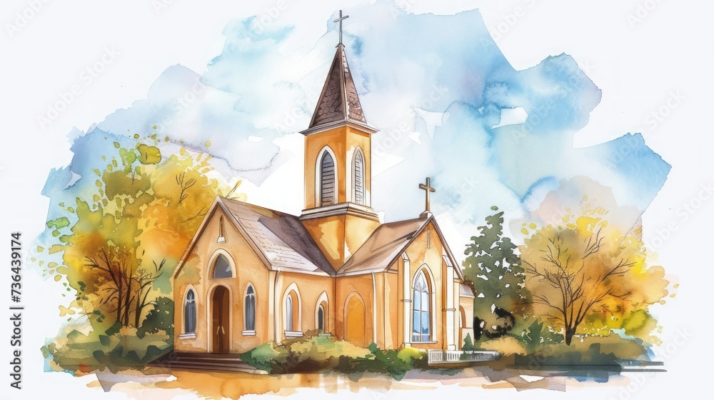 Easter Wedding: Hand-drawn Church Illustration for Greeting Card Generative AI