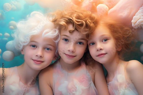 Three small beautiful children in pastel colors. Minimal fashion composition. Pink and blue colors