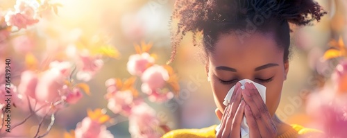 African woman outdoors in spring using a handkerchief due to allergies. Concept Spring Allergies, African Woman, Outdoor Photoshoot, Handkerchief, Spring Season
