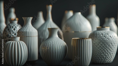 A collection of white and gold ceramic vases in various shapes and sizes, placed on a black background. The lighting is soft and moody, creating an air of elegance and sophistication