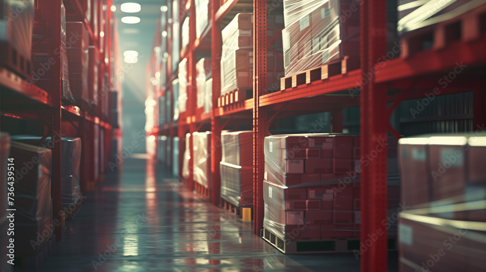 Warmly Lit Warehouse Aisle with Pallets of Shrink-Wrapped Cargo