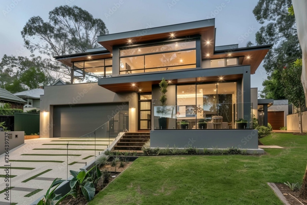 A contemporary house with sleek lines and minimalist design, featuring large windows that provide ample natural light. The exterior is painted in a cool grey with accents of white
