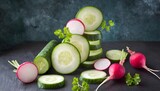 Artistic arrangement of sliced cucumbers and radishes