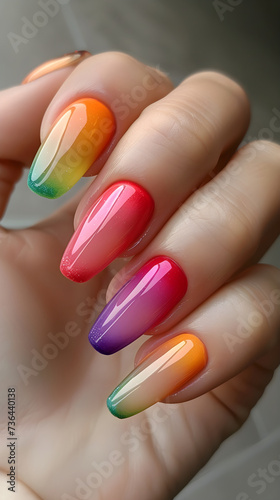 French nails. Nail polish. manicure. Soft colors. Beauty ad, nail salon. manicurist, nail place. Rainbow, blue, yellow, pink, orange, red, green