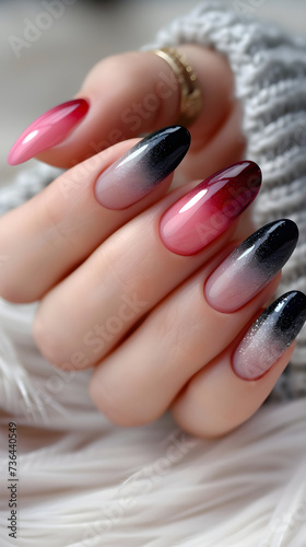 French nails. Nail polish. manicure. Soft colors. Beauty ad, nail salon. manicurist, nail place. Pink and black