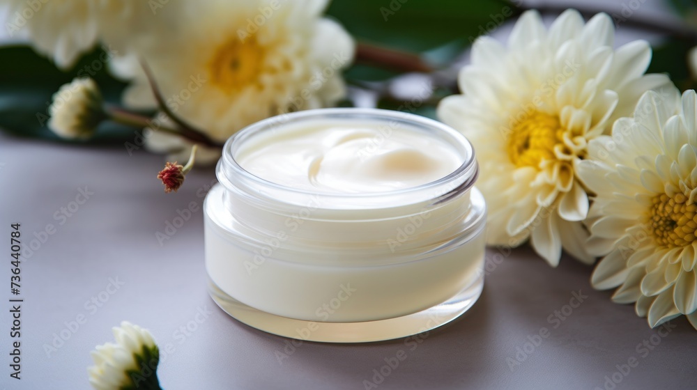 whitening and moisturizing Face cream in an open glass jar and flowers on white background. Set for spa, skin care and body products and solutions for skin problems such as scars, acne, wrinkles. whitening and moisturizing Face cream in an open glass jar and flowers on white background. Set for spa, skin care and body products and solutions for skin problems such as scars, acne, wrinkles.