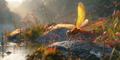 Red Dragonfly resting on a river rock at Sunset