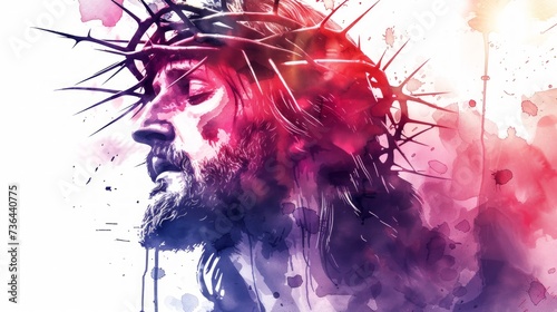 Jesus in Crown of Thorns during Holy Week's Good Friday - Watercolor Illustration Generative AI