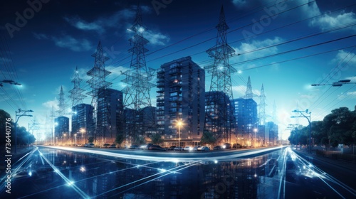 Urban high power poles connected to smart grid  energy supply  power distribution  power transmission  power transmission  high voltage supply  technology  community  city