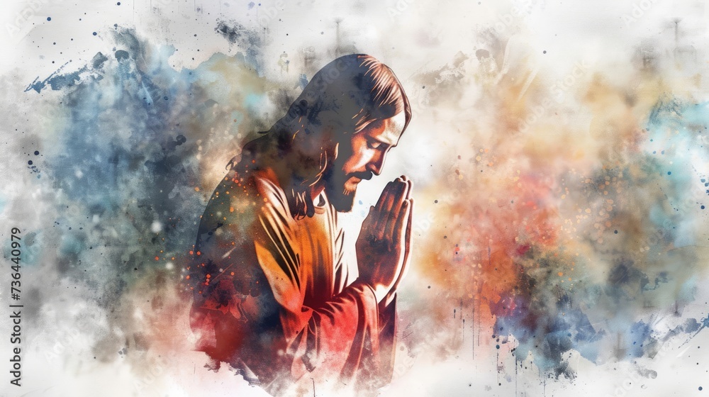 Praying Jesus in Watercolor with White Outline and Vignette Effect Generative AI