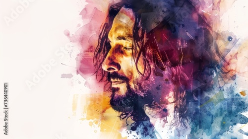 Watercolor Painting of Jesus with White Outline and Vignette Effect Generative AI