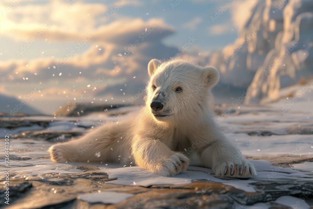 A Majestic of a Polar Bear Cub Playing on the Arctic Tundra