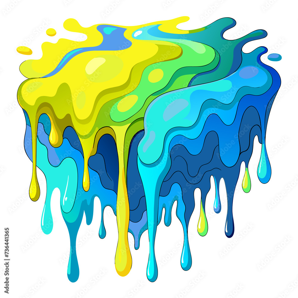 Yellow-blue drops of paint flow down a white surface.