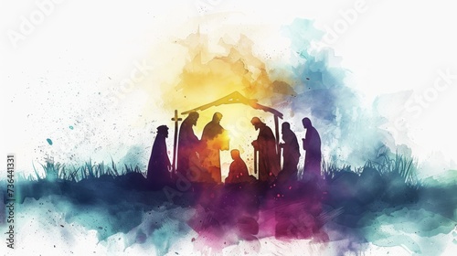 Digital Watercolor Nativity Scene with Jesus and Wise Men Generative AI