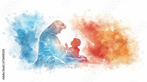 Vibrant Watercolor Illustration of a Nativity Scene featuring Mary and Baby Jesus Generative AI