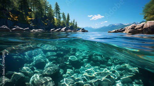 A tranquil pool of crystal-clear water reflecting a cloudless sky