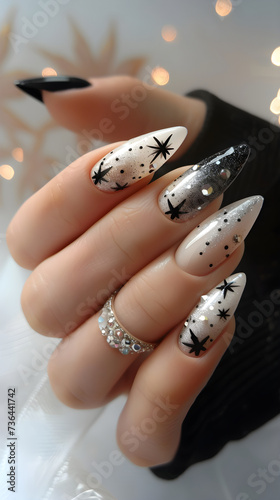 French nails. Nail polish. manicure. Soft colors. Beauty ad, nail salon. manicurist, nail place. Black, white, silver