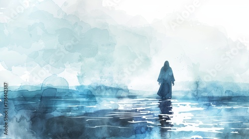 Watercolor Illustration of Jesus Christ Walking on Water Generative AI
