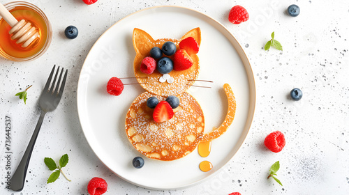 children's breakfast pancakes in the shape of a cat with a tail with berries and honey on a light background, top view with copy space for the recipe